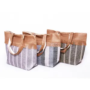 Large Capacity Fashion Hand Made Summer Straw Striped Beach Bag Paper tote bags with custom printed logo