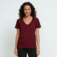 T-shirts pour femmes avec strass, impression de logo personnalisé, col en V, manches courtes, pour un usage quotidien décontracté et élégant