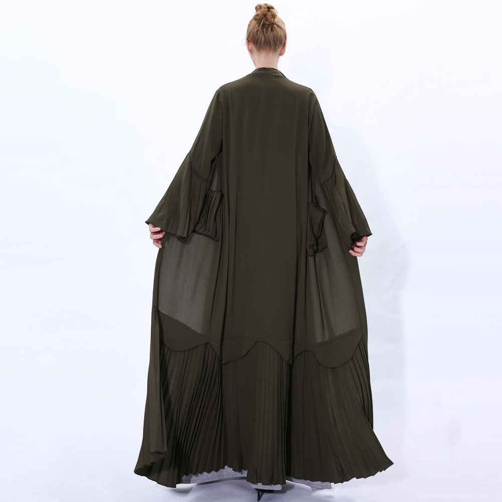 Muslim Women Abaya Dress Long Sleeve Robe Cardigan with belt Design Trumpet pleated Sleeve Lady Long Sleeve Maxi Dress 91225