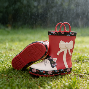 Stivali da pioggia per bambini in gomma rossa impermeabile con stampa di gatti dei cartoni animati dal design classico. - Product Image 1