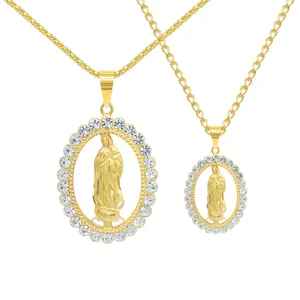 Religious Catholic Jewelry 18k Gold Plated Stainless Steel CZ Diamond Christian Virgin Mary Pendant Cuban Chain Necklace