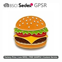 Badge en métal émaillé rigide Kawaii Burger découpé, finition brillante multicouche, pour pack cadeau gourmand, commande en gros