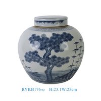 RYKB176-O Jarre à gingembre en porcelaine motif Chinoiserie bleu cobalt, blanc et bleu, paysage de pin et bambou, centre de table décoratif