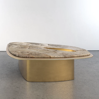 Table basse en marbre encastrée Dream Home Teardrop, forme irrégulière, bordure dorée brossée, base incurvée, mobilier de luxe pour salon