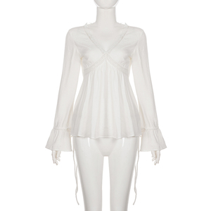 Blusa Ligera Francesa Tipo Babydoll con Cuello en V, Encaje y Lazos, Manga Larga, para Mujer - Product Image 6