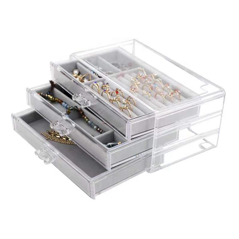 Прозрачная витрина для ювелирных изделий, бархатный органайзер для ювелирных изделий, витрина для колец, подставка для ожерелий, ящики, акриловая шкатулка для ювелирных изделий