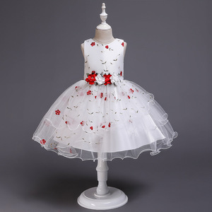 Vestido de niña de las flores de tul bordado blanco, corte A, cuello redondo, estilo princesa para niños - Product Image 1