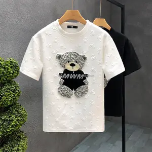 リトルベア刺繍半袖TシャツメンズユースハンサムラウンドネックTシャツ2024夏の新しいメンズ漫画