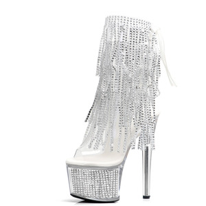 Botines de <span class=keywords><strong>Plataforma</strong></span> con Tacón Alto y Borlas de Diamantes de Imitación, Plateados, con Punta Abierta, para Mujer, 17 cm, 7 Pulgadas, para Discoteca, Baile y Actuaciones - Product Image 2