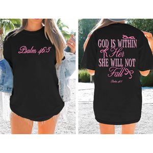 เสื้อยืดโอเวอร์ไซส์ FOXA Christian สำหรับผู้หญิงไซส์พลัส สีดำ ลายข้อพระคัมภีร์สดุดี 46:5 พร้อมดีไซน์โบว์ - Product Image 4