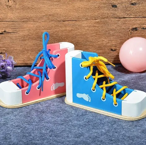 Sepatu warna-warni anak-anak kayu kualitas tinggi mainan tali sepatu permainan Montessori mainan pembelajaran pendidikan