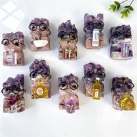 Statue de visage en améthyste naturelle avec lunettes vintage, figurine de visage en cristal violet pour la collection