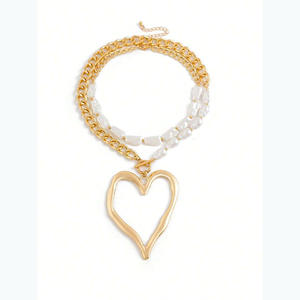 New Design Gold Trendy Large Exaggerated Hollow Heart Shaped <strong>Pendant</strong> <strong>Necklace</strong> Imitation <strong>Pearl</strong> Leopard Print Double Layer Chain - Product Image 6