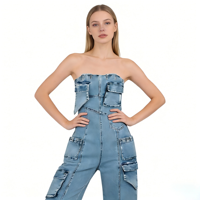 Combinaison cargo en jean sans bretelles pour femme, multi-poches, coupe large, style bustier