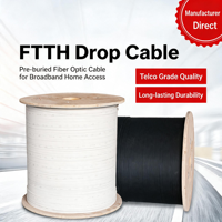 Câble à fibres optiques FTTH en bundle parallèle, 2 cœurs, avec fil d'acier FRP, robuste, pour extérieur/intérieur, monomode, aérien, télécom, 1000m