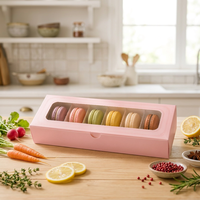 Boîtes à macarons longues en carton pliables roses avec fenêtre, logo imprimé personnalisé