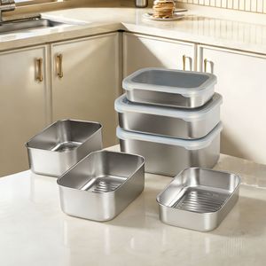 Hongjunda 316L Stainless Steel Food Storage <b>Container</b> Rectangle With Plastic Lid For Kitchen <b>Refrigerator</b> Freezer Use - Product Image 1
