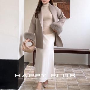 กระโปรงทรงหางปลา Happy Plus สีขาว สำหรับฤดูหนาว ความยาวปานกลาง ผ้าโพลีเอสเตอร์ สีพื้น ไซส์พลัส สำหรับผู้หญิง เอวธรรมชาติ - Product Image 1