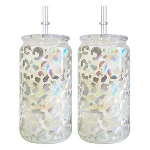 Holographic Shaped Drinkware Ready to Ship 16Oz Leopard Clear Glass Can With <b>Plastic</b> Lid - Product Image 1