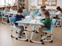 Ensemble de bureau et chaise scolaire réglable 2 places pour projets en classe, plateau en MDF de 18 mm avec fentes pour stylos et crochets pour sacs