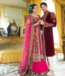 Wedding Bridal Combo Set | Indian & Pakistani Lehenga Dress with Long <b>Jacket</b> & Groom Sherwani | Heavy Zardozi Embroidery - Product Image 3