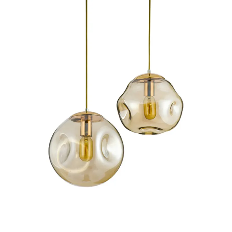 Luzes led de vidro com bola de vidro, pingente banhado à mão, moderno, para pingentes de luz, dourado com vidro fumado