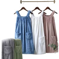 Peignoir de bain en polaire corail uni pour femmes, avec bretelles élastiques, absorbant, réglable, serviette de spa, robe de bain, enveloppe de douche, usage domestique