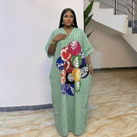 Nouvelle Robe Femme Décontractée d'Été Style Africain Ethnique Boubou Ample à Rayures Col en V Grande Taille pour Vacances