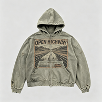 Sweat à capuche zippé délavé soleil avec imprimé graphique OPEN HIGHWAY, effet vintage, streetwear, en coton épais vieilli, pour homme