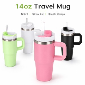 Gobelet isotherme en acier inoxydable de 14 oz avec poignée et paille, tasse à café portable pour voiture, tasse personnalisable avec logo - Product Image 1