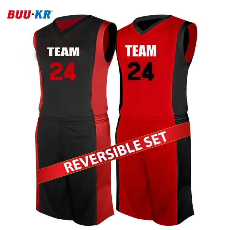 Buker Grosir Hitam Merah Murah Kustom Nama Tim Sublimasi Wanita Pria Pemuda Seragam Basket Reversibel