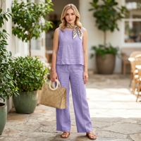 Ensemble décontracté d'été pour femme : Gilet sans manches en coton et lin de couleur unie et pantalon large – Collection Printemps-Été
