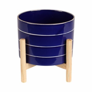 Vaso in Ceramica a Righe con Supporto in Legno per Arredamento Casa, Fioriera per Ingresso, Patio, Tavolo, Giardino, Colorato - Product Image 4