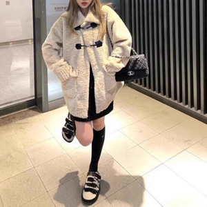 Women's Mid Length Shearling Coat Khaki Solid Color Faux Fur Winter Warm Outerwear - Product Image 2