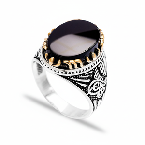 Onyx Stone Oval Shape Tugra Desgin <b>Men</b> <b>Ring</b> Jewelry <b>Man</b> Jewellery Wholesale Handcrafted Authentic 925 Sterling Silver <b>Men</b> <b>Ring</b> - Product Image 2