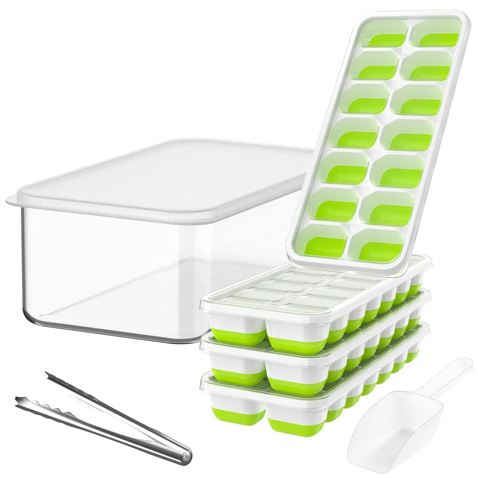 4 pack BPA livre fácil liberação empilhável silicone 14 gelo cubo bandeja para freezer com tampa para cocktail bebida