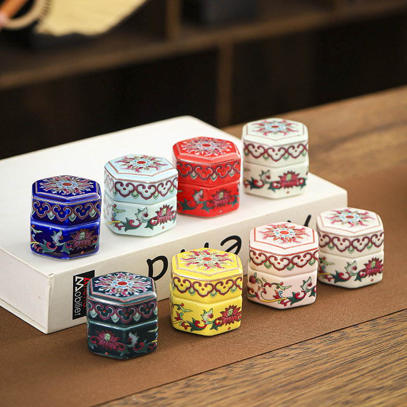 Ceramic Enamel-Color Solid Small Tea Caddy Perfume Pill Jar Sealed Chinese Medicine Pill Jar Toothpowder Jar Salt Caddy Goji
