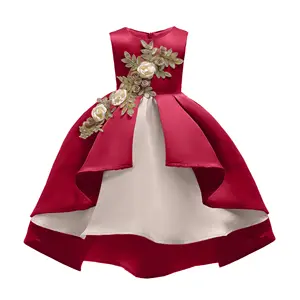 卸売キッズガールフロックフラワーデザインサテンプリンセスパーティーかわいいドレス子供ふわふわレースドレス