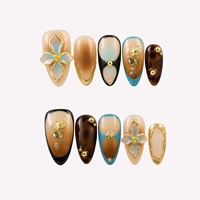 Kuku Palsu Meh-lad Almond Press-on Warna Tortoiseshell Gradasi Biru-Cokelat dengan Hiasan Bunga Metal 3D dan Manik-manik Emas Gaya French Nails untuk Musim Gugur-Dingin