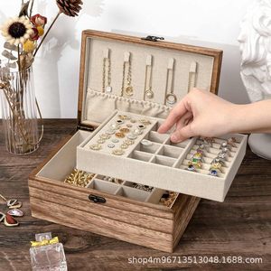 Solid Wood Jewelry <b>Box</b> Double Layer With Necklace Hooks Bracelet Grid Rings Tray Earrings Storage Organizer <b>Vintage</b> Style - Product Image 2