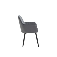 Fauteuil de salle à manger élégant et luxueux en velours gris avec pieds en métal noir et coussin