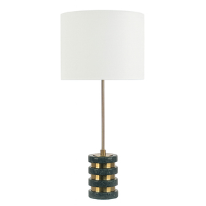 Lámpara de Mesa Moderna de Alabastro, Decoración de Hotel de Lujo, Base de Discos de Piedra Apilados, Separadores de Latón, Pantalla de Tela, Lámpara de Mesa LED Diski Mediana - Product Image 4
