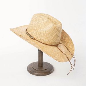 Chapeau de soleil d'été en paille de raphia tressé à la main, tendance, ajouré, style western, avec perles décoratives, pour le voyage, vente en gros - Product Image 3