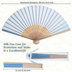 Éventail pliant en bambou en tissu imitation soie bleu, idéal pour les mariages, les fêtes, les cadeaux de naissance, avec sacs cadeaux - Product Image 5