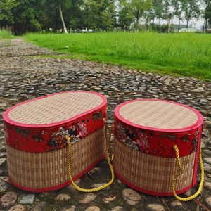 Bamboo <b>Woven</b> <b>Basket</b> Red Floral Design Oval Shape For Mooncakes Zongzi Hairy Crab Gift Storage Carry Handle - Product Image 1