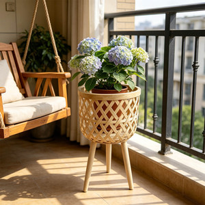 Solid Wood Rattan Flower Stand Bamboo Woven Storage Rack Living Room <b>Sofa</b> Side Table <b>Floor</b> Standing Corner Balcony Plant Pot - Product Image 3