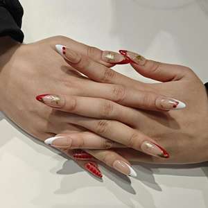 Muhaha Trend Design – Faux ongles à presser, <span class=keywords><strong>manucure</strong></span> française avec cerises rouges et étoiles dorées - Product Image 3