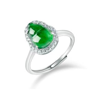 S925 <b>silver</b> <b>ring</b> <b>set</b> with natural A-grade jadeite lotus-shaped green ice-grained jade, women's style, adjustable design - Product Image 1