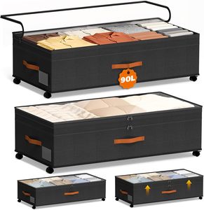 Conteneurs de rangement sous lit réglables de 90 L avec couvercles transparents, rangement sous lit avec roulettes pour vêtements, chaussures, couvertures - Product Image 1