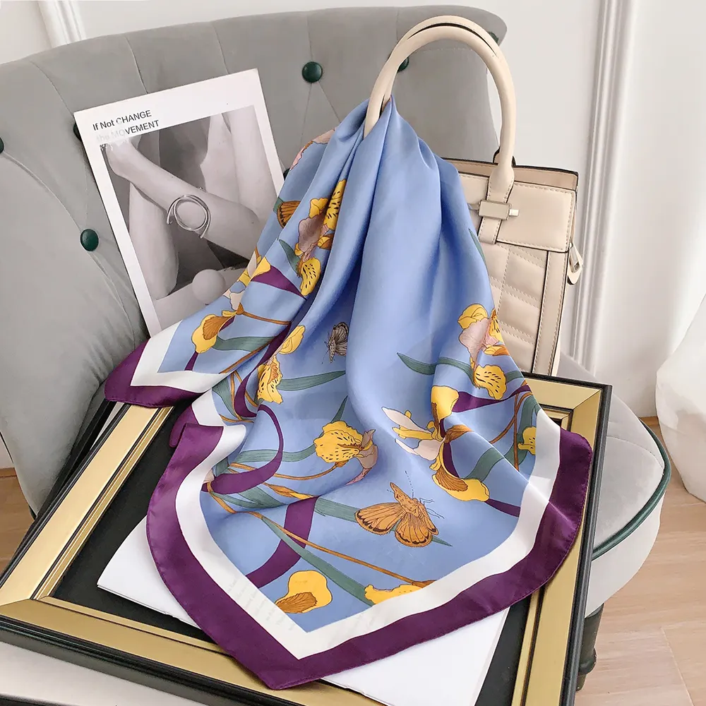 Wholesale 2024 Custom Silk Scarves Designer Floral Printed 70*70cm Letter Polyester Satin Scarf for Women Stylish